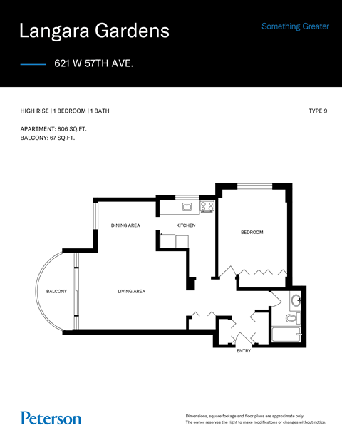 Floor plan for 1 bed, 1 bath, 806 sqft
